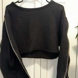 Women's Black Cropped Zipper-Sleeve Sweatshirt